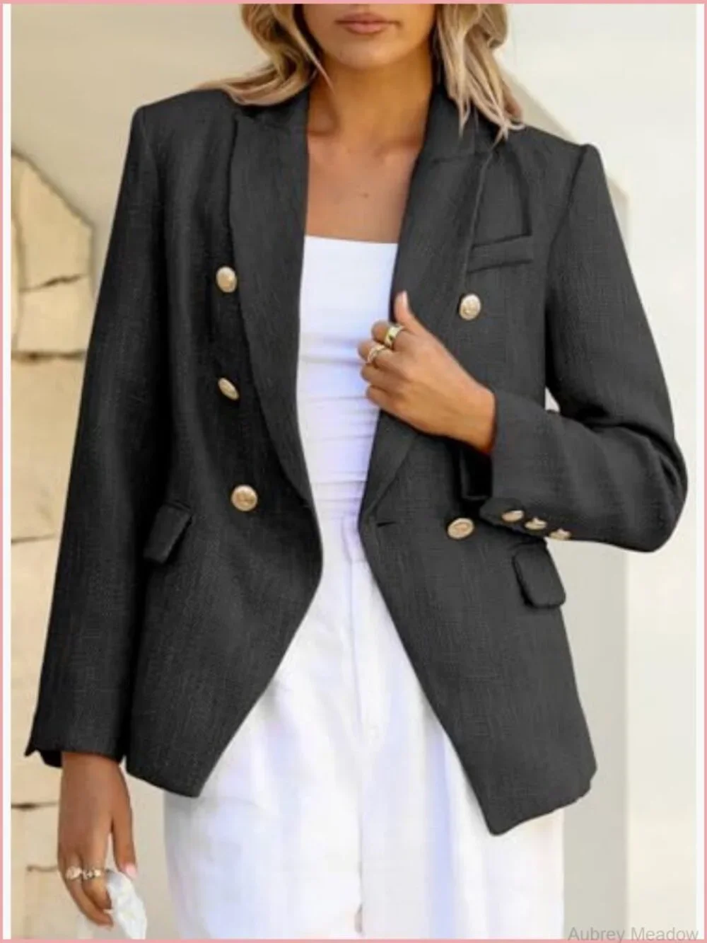 Womens Tweed Blazer Double Breasted Open Front Long Sleeve Work Suit Jacket